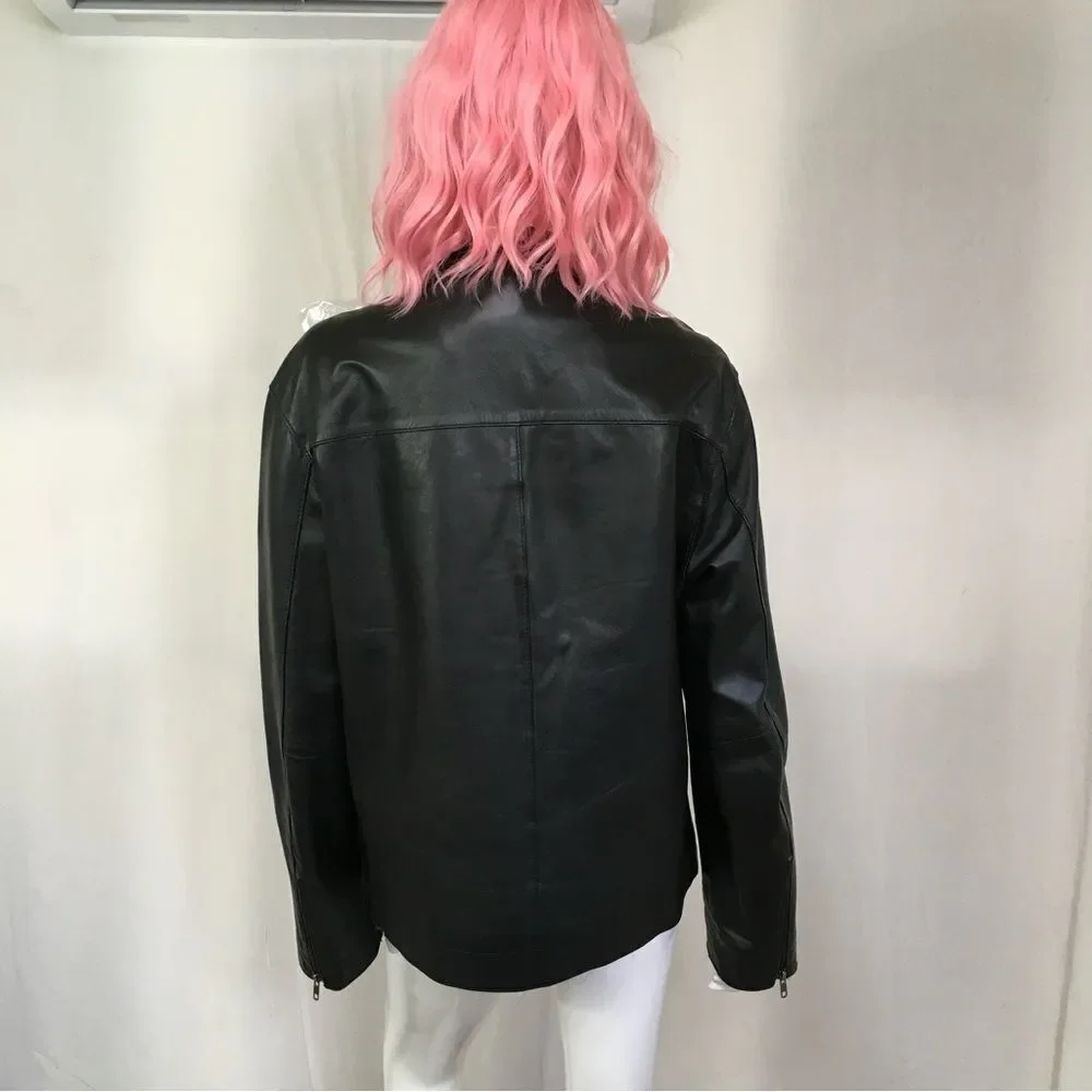 INC Black 100% Genuine Leather Center Zipper Motorcycle Jacket L